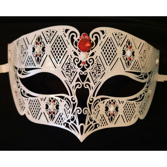 White Red Men Laser Cut Diamond Design Masquerade Metal Mask