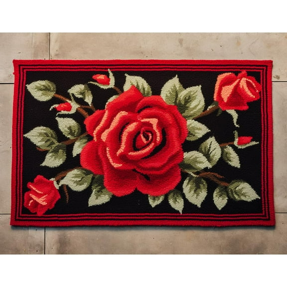 Red Rose Latch Hook Rectangle Rug Kits for Adults Needle Crochet Yarn Kits Embroidery Carpet Hook and Latch Kit Floor Mat Tapestry Christmas Home Decoration 52x38cm(1)
