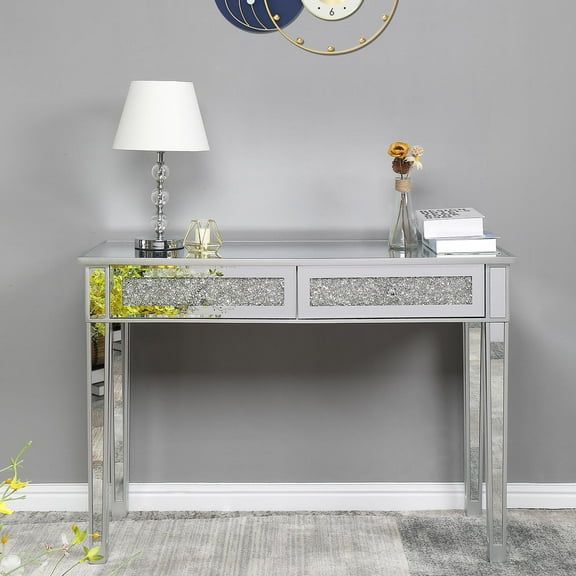 SamyoHome Laptop Table, Study Desk with 2 Broken Glass style Drawers, Silver