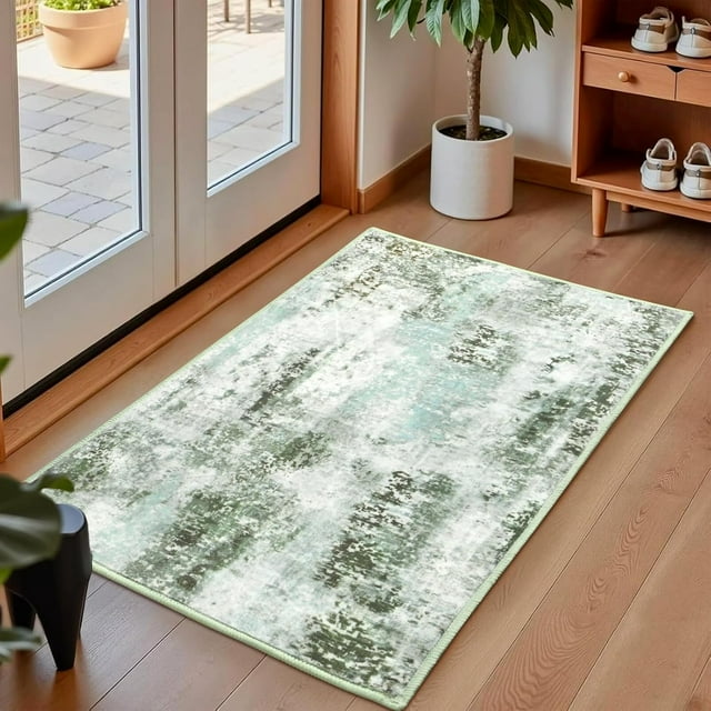 Macgace 2'x3' Small Modern Abstract Rugs, Faux Wool Washable Throw Rug for Kitchen Entryway Indoor Entrance, Soft Floor Covering Carpet Door Rug Minimalist Interiors, Green