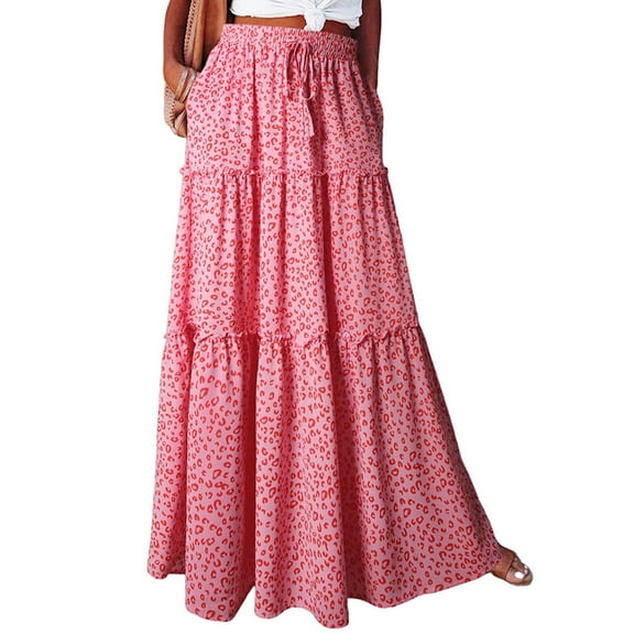 Xyxonk Womens Elastic Long Skirt Bohemian Print High Waist Tie Skirt Spring Summer Pleated Beach Dress with Pockets Pink 2XL
