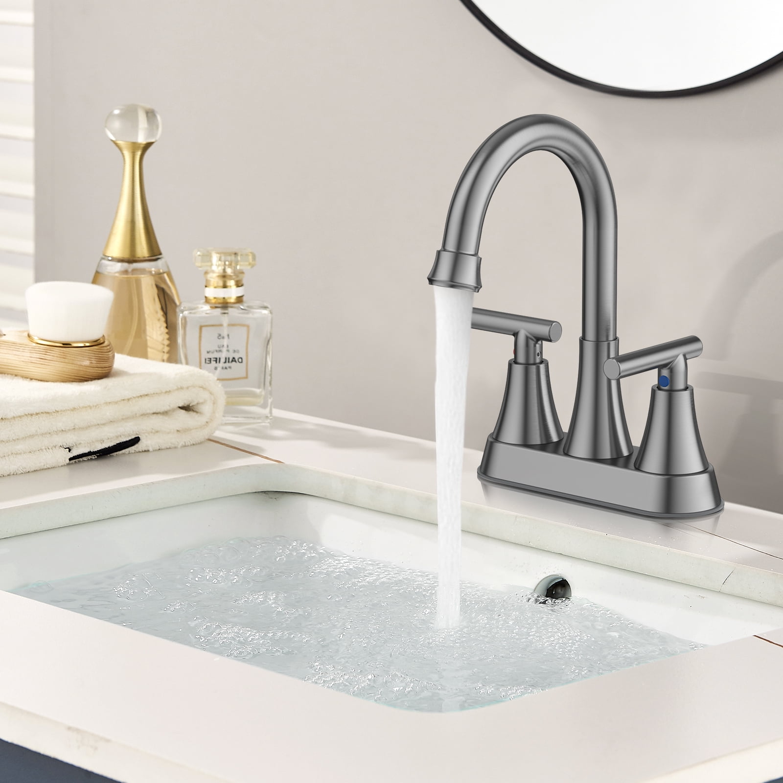 KINGTACK Bathroom Faucets, 4 inch Brushed Grey Bathroom Sink Faucet, Stainless Steel Lead-Free 2-Handle Centerset Faucet with Pop-up Drain and 2 Supply Hoses, Fits 2 or 3-hole Sink