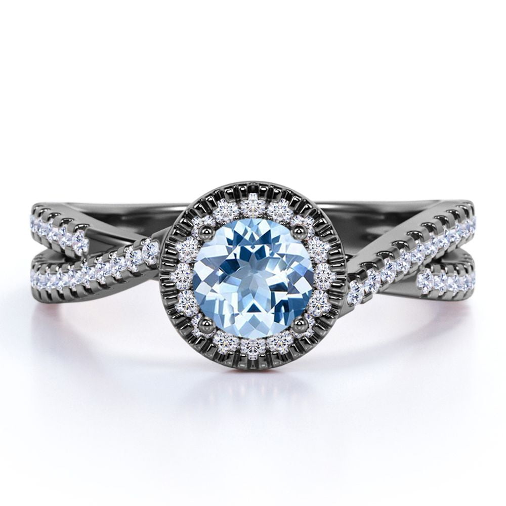 JeenMata 1.75 carat Round Light Blue Created Aquamarine Bypass Antique Engagement Ring in 18k Black Gold over Silver
