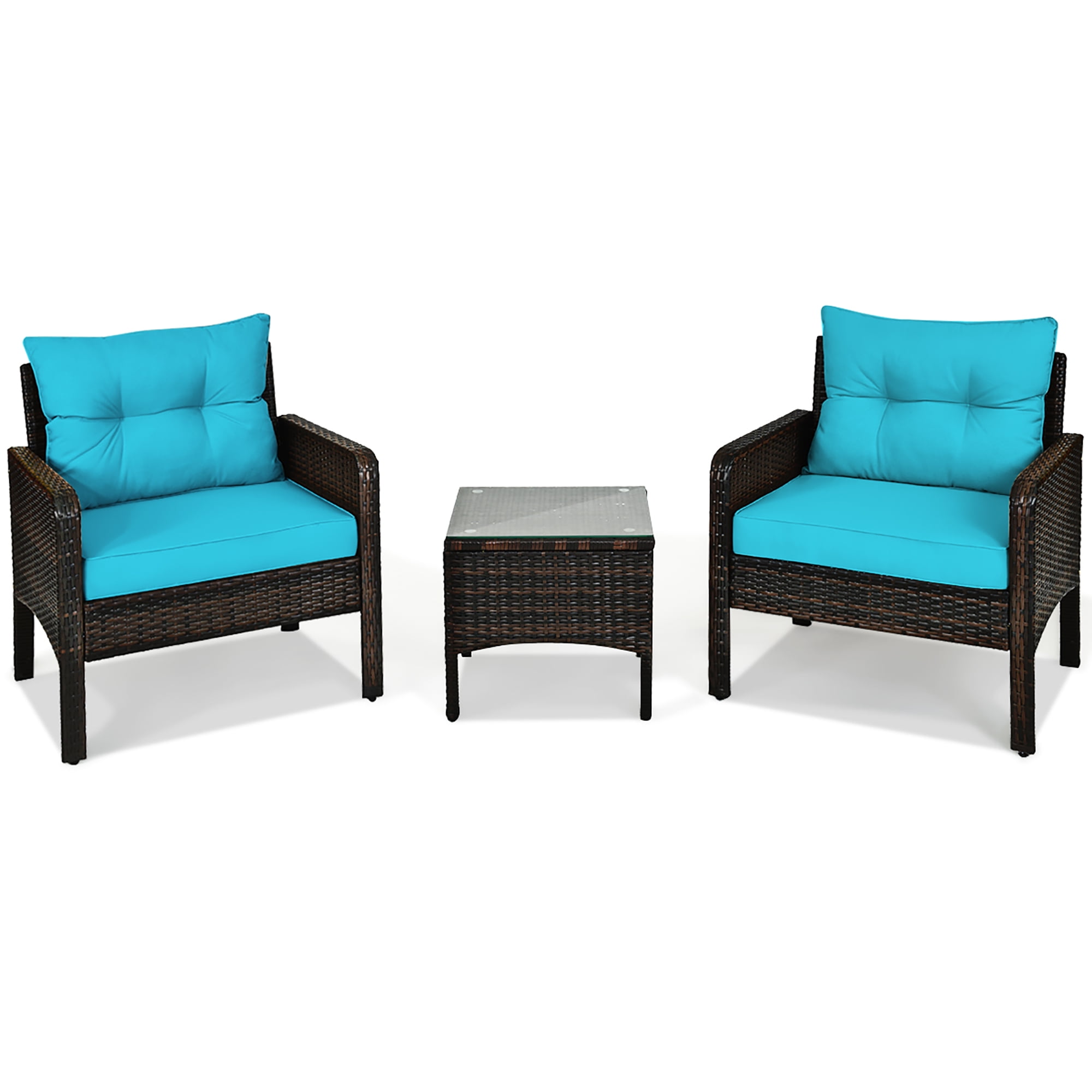 Costway 3PCS Outdoor Rattan Conversation Set Patio Garden Cushioned Sofa Chair Turquoise
