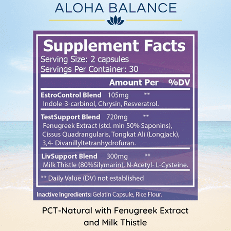 Natural PCT Testosterone Booster Supplement - Supports Increase in Lean Muscle by Aloha Balance, 1125mg, 60 Count
