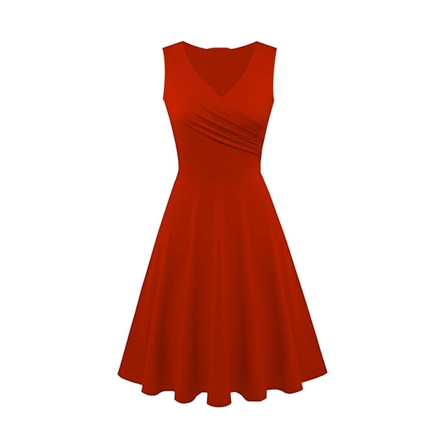 WTXUE Robes Chemises, Robes Chemises Sans Manches pour Thé à Col en V, Robe Décontractée pour Femmes Robe T-Shirt Ajustée Robe Évasée Robe Unie Froncée Robe Unie Mi-Longue pour Femmes, Rouge Taille M