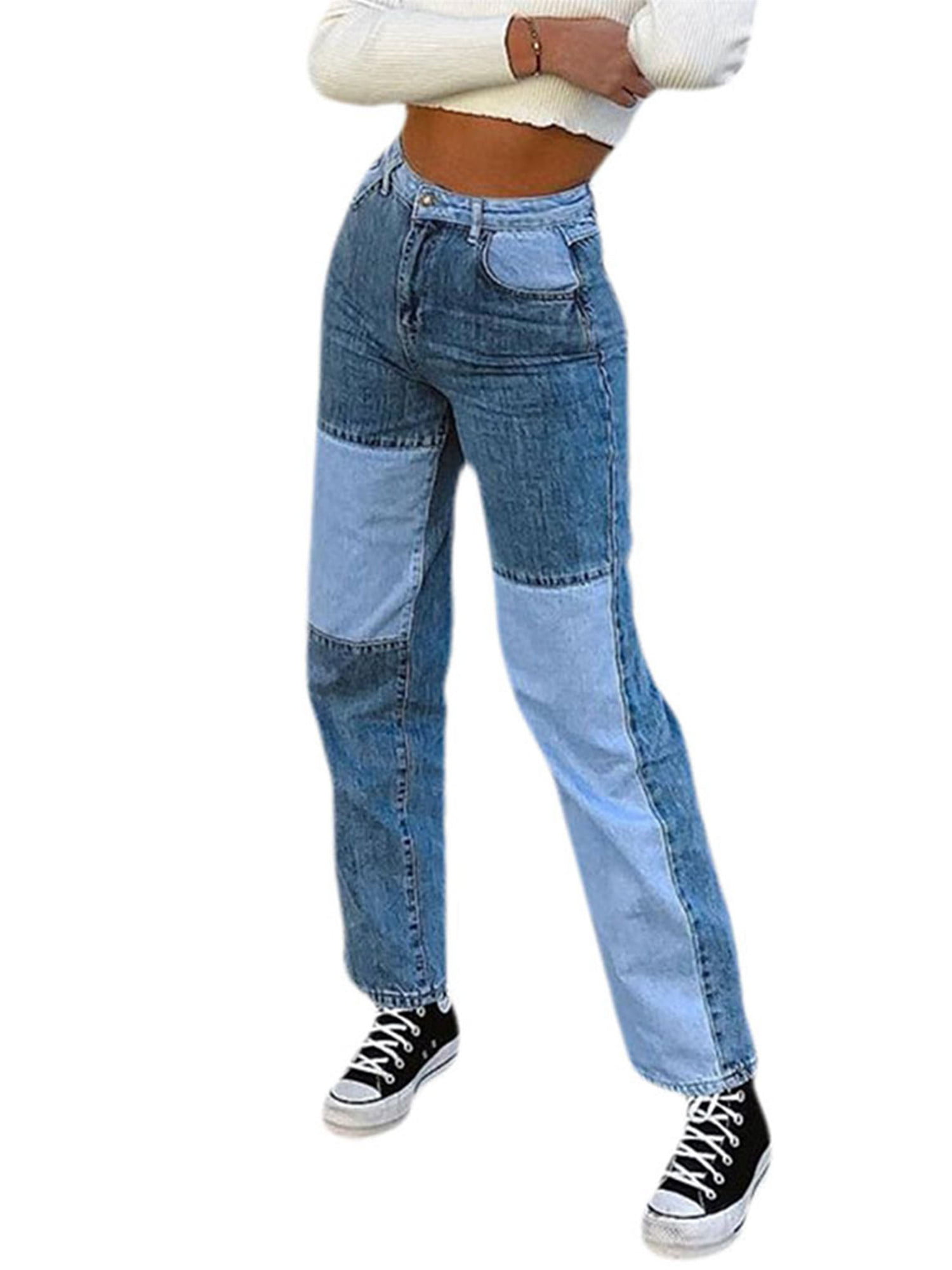 Womens Patchwork Pants Hight Waist Distressed Straight Denim Jeans Fashion A-line Vintage Pencil Trousers
