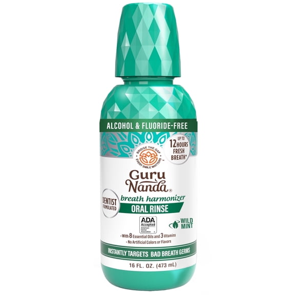 GuruNanda Oral Rinse - Alcohol-Free Mouthwash - Fresh Mint with 7 Essential Oils, Vitamins E,D & K2 - 16 fl oz