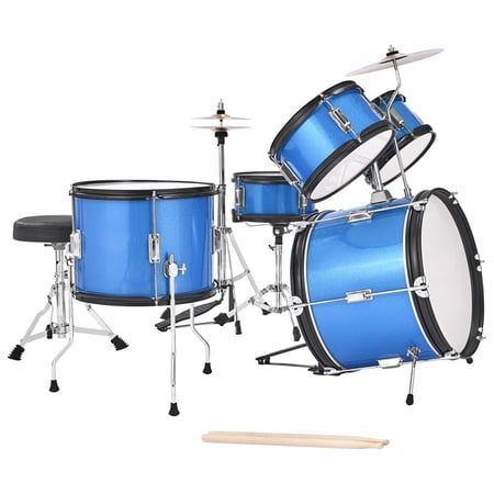 Kids Drum Set, 5-Piece 16 in Junior Drum Sets, Beginner Drums Set with Adjustable Throne, Cymbal & Two Pairs of Drumsticks, Musical Learning Drums Instruments Kit, for Children Ages 6-13 (Blue)