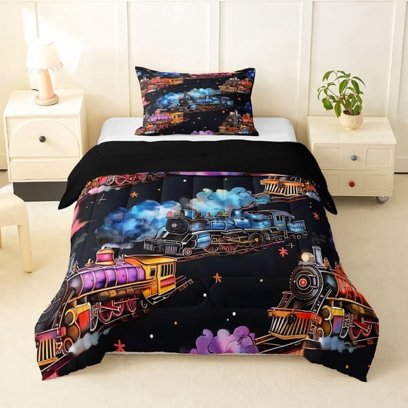 Manfei Vintage Train Twin Comforter Sets,Colorful Railway Bedding Set,Black Reversible,2 Pieces,1 Comforter and 1 Pillowcase