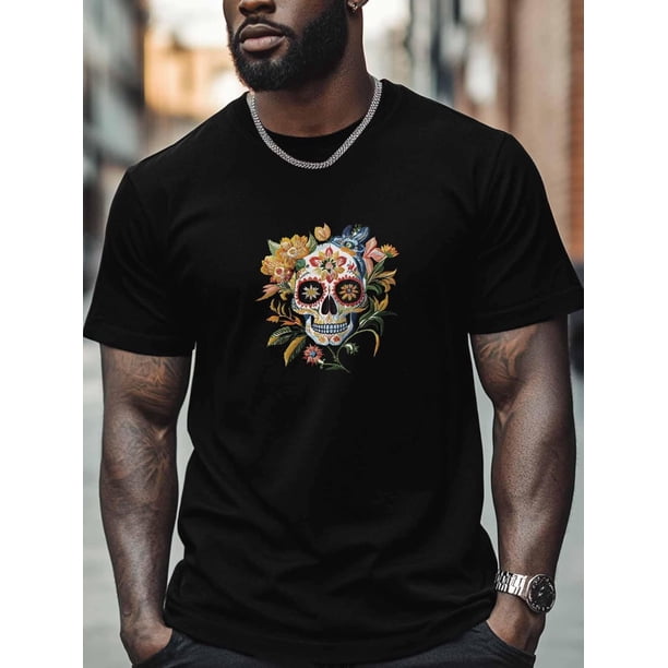 Camisetas para hombre, camisetas de manga corta con calavera, flores y plantas, camisetas de cuello redondo, camisetas informales holgadas para adolescentes y niños.