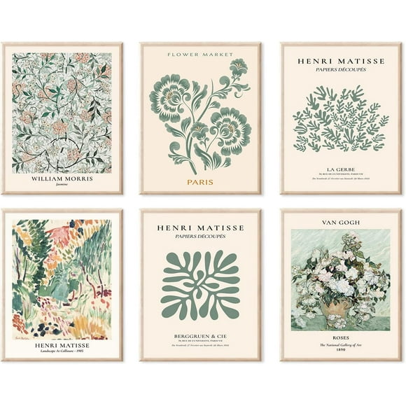ORUYROP Sage Green Wall Art Decor, Abstract Matisse Wall Art Exhibition Posters, Minimalist Flower Market Wall Art Prints, Green Canvas Matisse Paintings Pictures for Aesthetic Room, Bedroom,