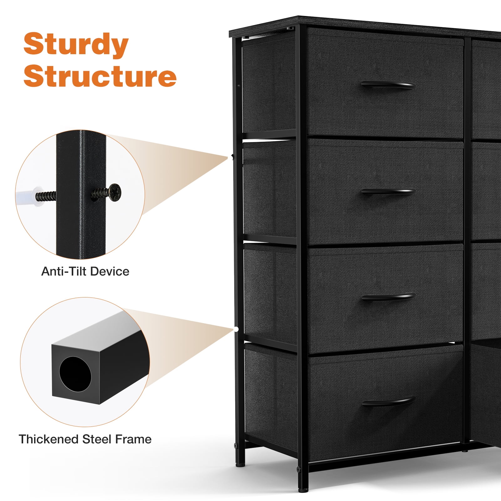 CONCETTA 8-Drawer Fabric Dresser Storage Chest for Bedroom, Closet, Entryway, Storage Furniture for Adults, Black