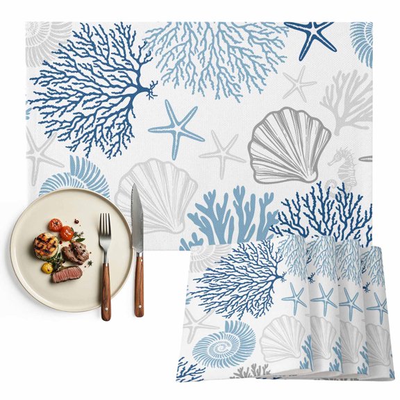 Placemats Set of 4, Blue Shell Place Mats Marine Life Starfish Coral Tablemats Washable Placemat Table Decoration for Kitchen Table Dinner Party Home Decor Indoor Outdoor 13x19 Inch