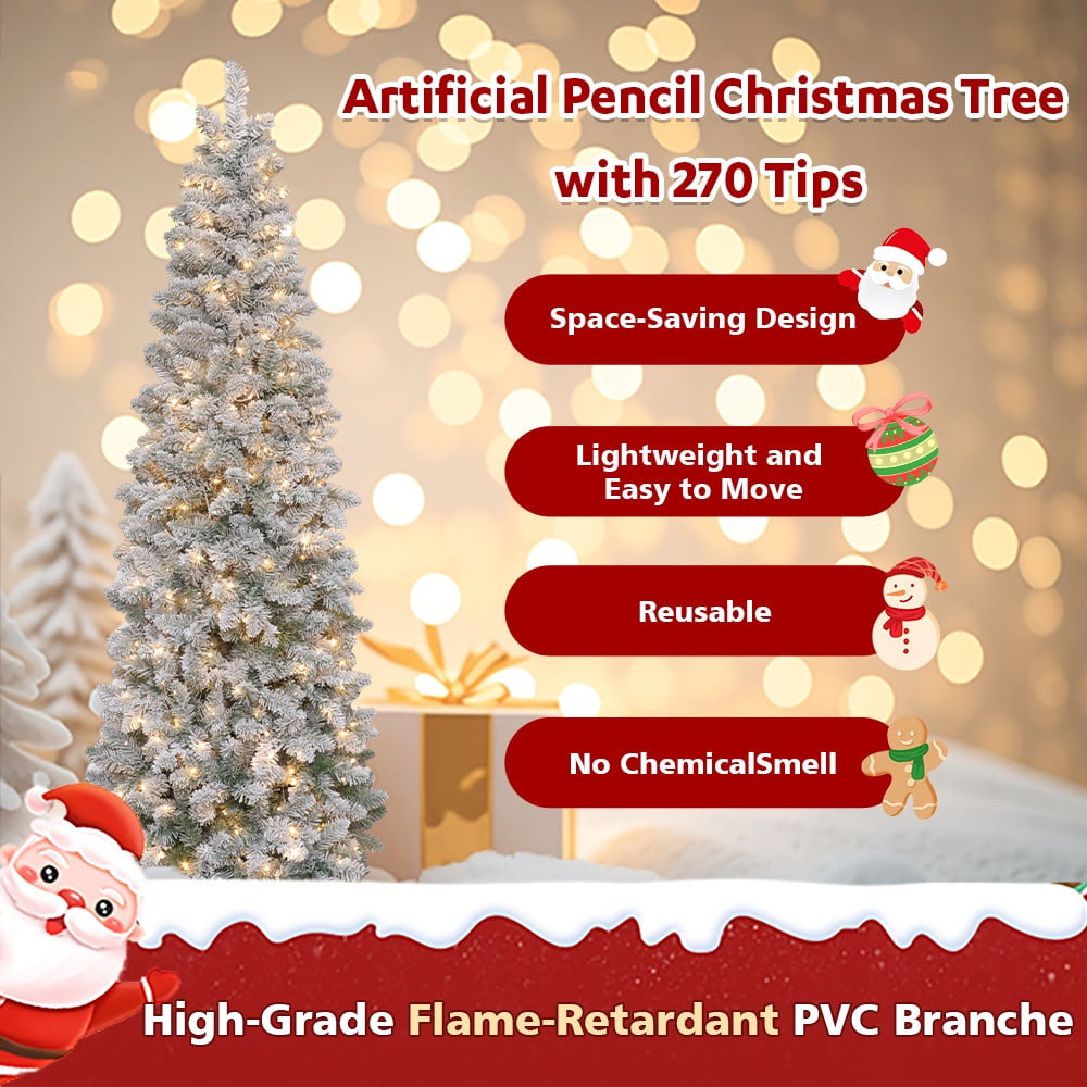 Abble 5FT Snow Flocked Artificial Slim Pencil Christmas Tree with LED Warm White Lights and Metal Stand