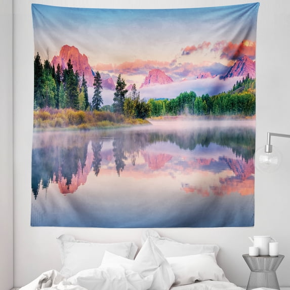 Wyoming Tapestry, Colorful Sunrise on Calm Water of Snake River with Tone Peaks and Clouds, Fabric Wall Hanging Decor for Bedroom Living Room Dorm, 5 Sizes, Multicolor, by Ambesonne