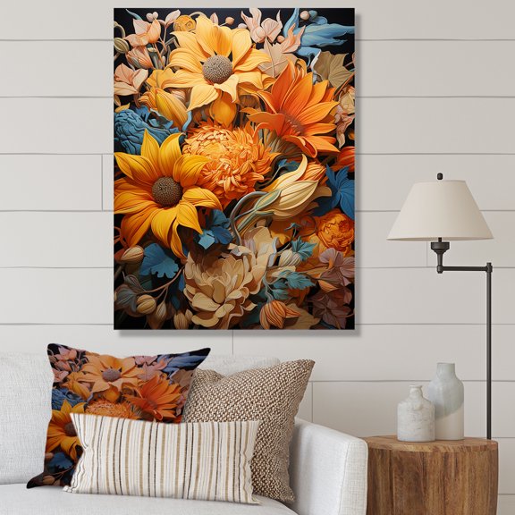 Designart "Floral Blooms in Yellow and Blue" Floral Canvas Wall Art - Traditional Yellow Flowers Living Room Canvas Art