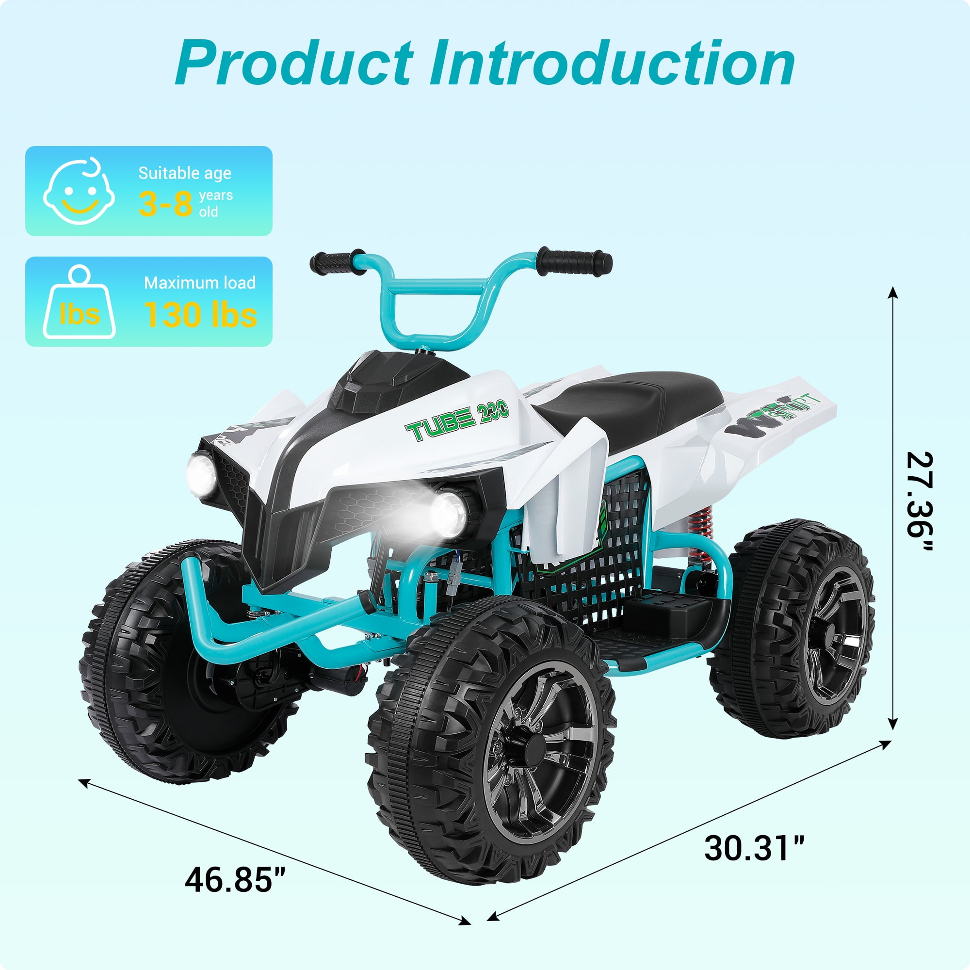 Neche 24V 2 Seater Ride on Toy, 4*200W Motors,9AH Battery Powered ,4-Wheeler Kids ATV with Bluetooth & LED lights, for Ages 3-8,White