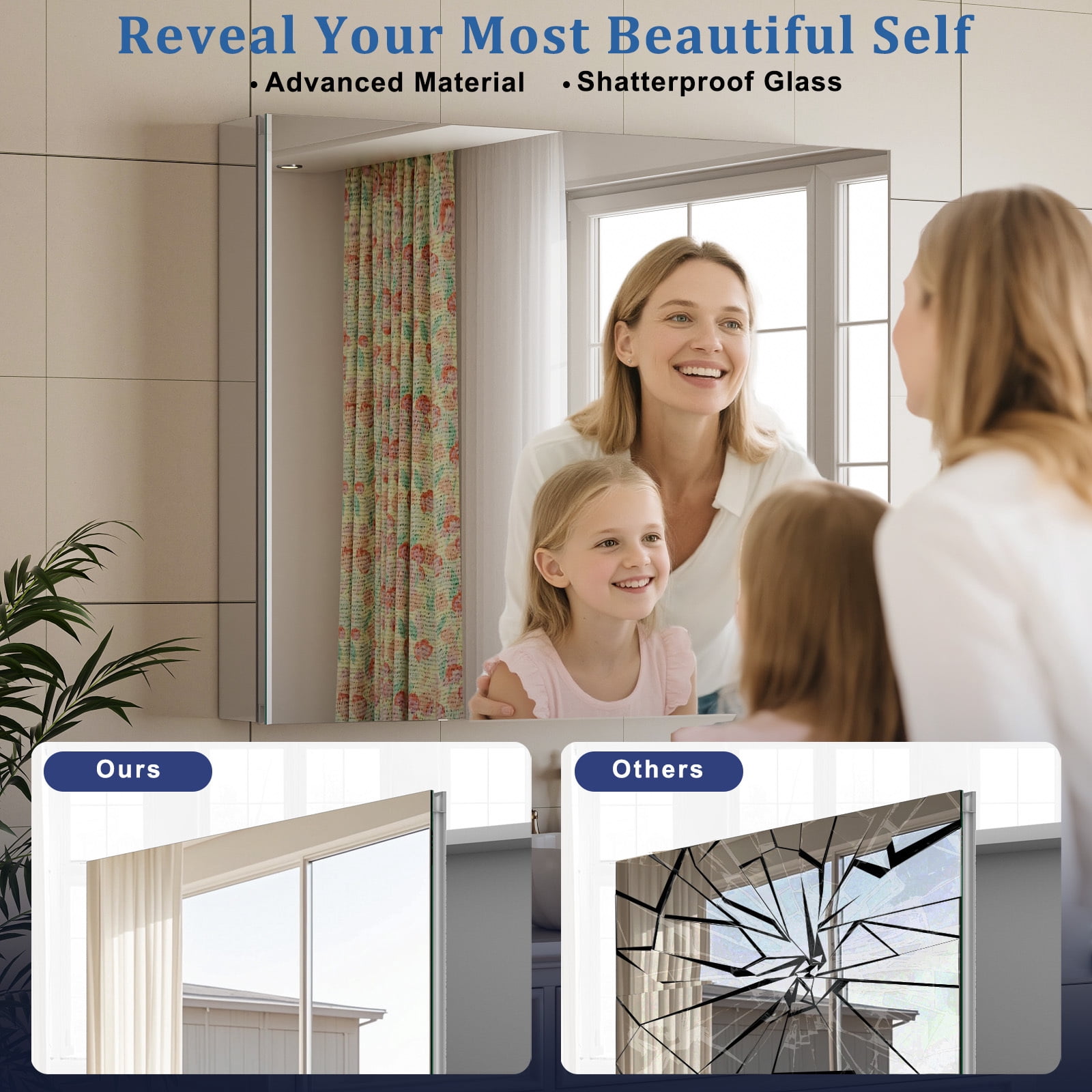 Easy4Home 24"x16" Bathroom Medicine Cabinet with Mirror, Surface Mount Mirror Cabinet with Adjustable Shelves