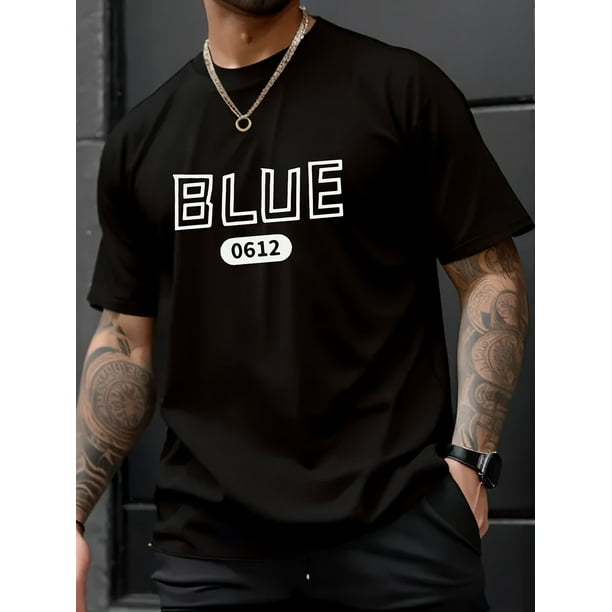 BLUE Letter Print Men's Round Crew Neck Short Sleeve Tee, Fashion Street Style Breathable T-Shirt, Casual Comfy Top For Spring Summer Holiday Leisure Vacation Men's Clothing As Gift
