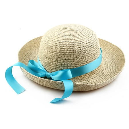 Eight Piece Cap - Lady Straw Braid Bowknot Decor Curling Brim Summer Beach Leisure Cap Sun Hat #8