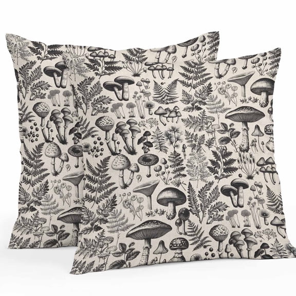 Outdoor Pillow Covers Pack of 2, Pastoral Vintage Mushroom Leaves on Linen Waterproof Throw Pillowcase Cushion Cases, Botanical Decorative Pillow Cover for Couch Sofa Home Bed Patio