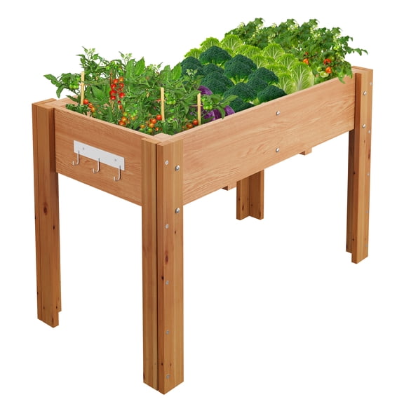 Ergonomic Elevated Wooden Raised Garden Bed with Legs & Hooks – Sturdy Planter Box with Drainage Holes – 48"/72"L x 30"H – Grey/Oak/Varnish
