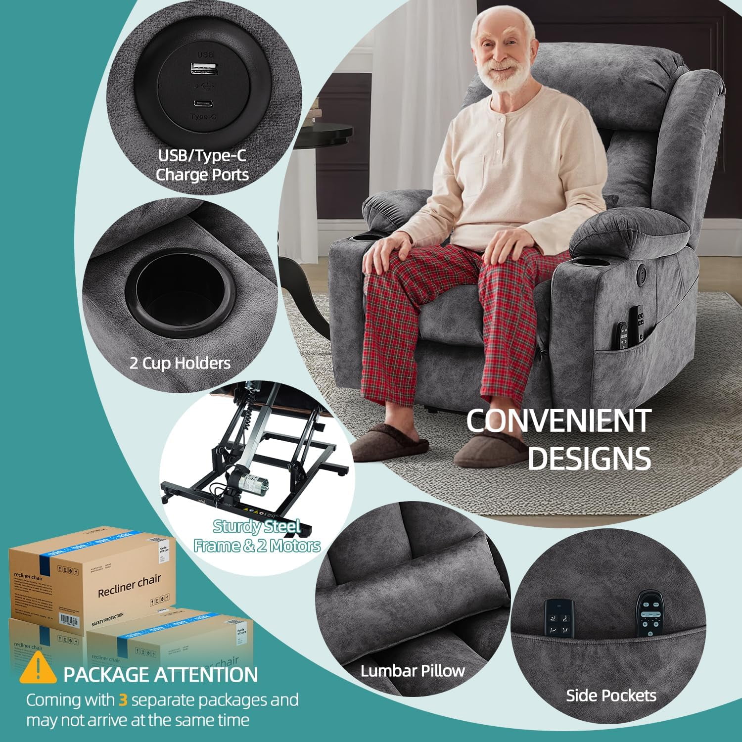 MEETWARM Oversized Dual Motor Lay Flat Power Lift Recliner Chair for Elderly with Heat Massage, Large Sleeping Electric Recliner with Extended Footrest, Lumbar Pillow, USB & Type-C Ports, Plush-Gray