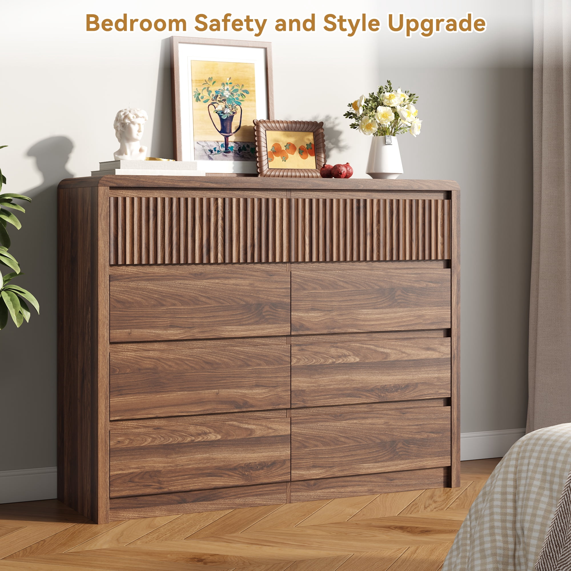 ASTUVIA 8 Drawers Dresser for Bedroom, 49.2" W Modern Chest of Drawers with Curved Profile Design, Mid Century Fluted Storage Dressers Organizer,Brown