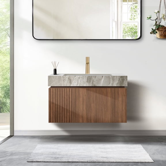 30" Floating Bathroom Vanity with Sink, Solid Wood & 16mm Plywood  Composite Cabinet with Drawer & Door Bathroom Vanity, Ceramic Basin & Sintered Stone Top - Brown Oak Brown Oak Wood Grain Vanity