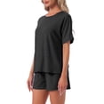 thumbnail image 4 of INSPIRE CHIC Women's Pajama Set Short Sleeve Round Neck Rolled Cuffs Top Elastic Waist Shorts Jersey Knit Sleepwear Sets S Black, 4 of 6