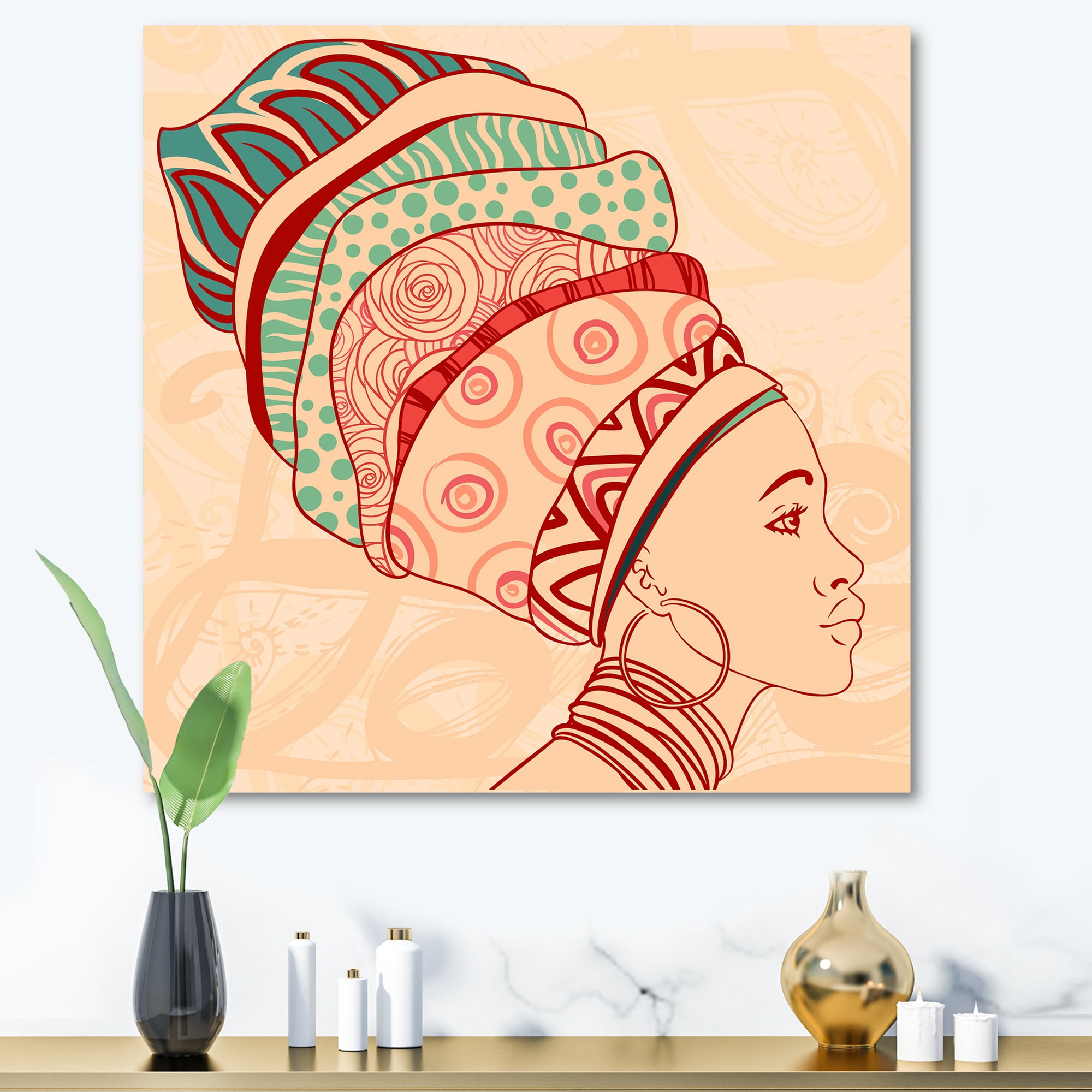 African American Woman Portrait with Turban II 36 in x 36 in Painting Canvas Art Print, by Designart