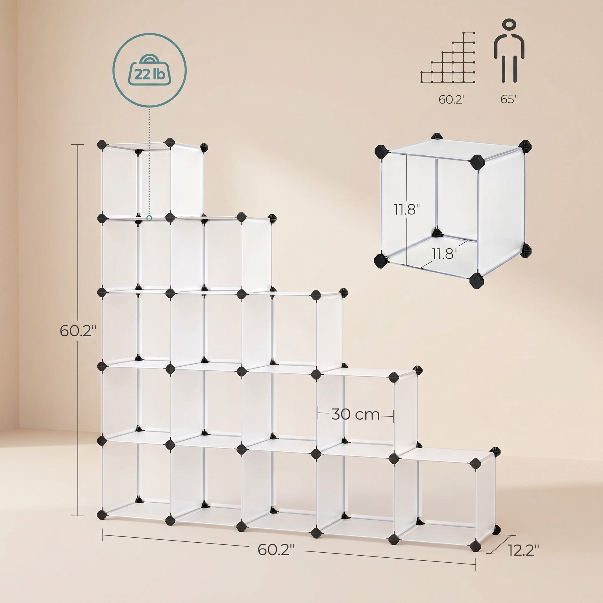 Nordic Hygge 16-Cube Modular Storage Organizer, DIY Plastic Closet Storage and Bookshelf – White