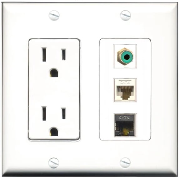 RiteAV - 15 Amp Power Outlet 1 Port RCA Green 1 Port Shielded Cat6 Ethernet Ethernet 1 Port Cat6 Ethernet Ethernet White Decorative Wall Plate