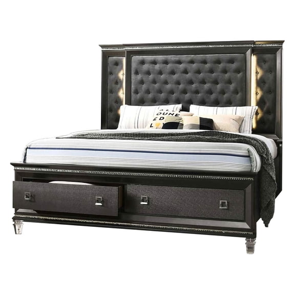 Lavish Dark Gray Wood Queen Size Bed with Lights and Storage Footboard