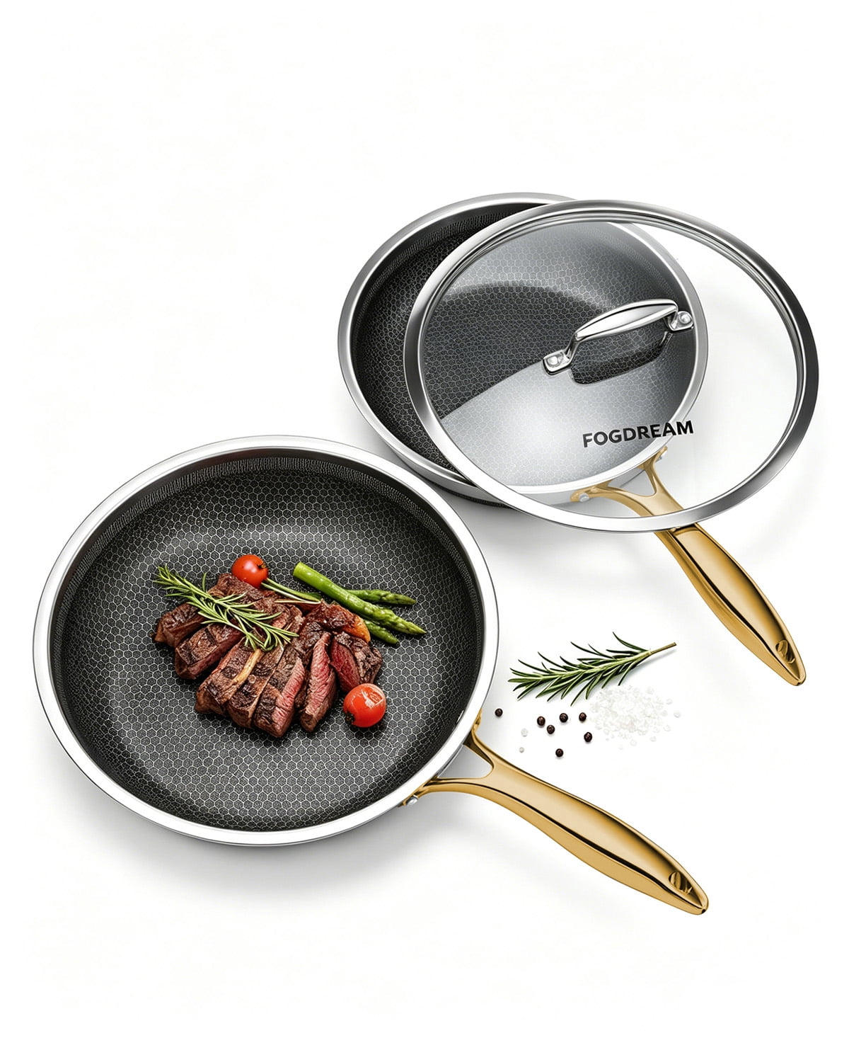 FogDream Non Stick Frying Pans Set, 10 & 11 Inch Tri-Ply  Stainless Steel Pans with Lids  for All Cooktops, Dishwasher & Oven-Safe Cooking Pan,Gold