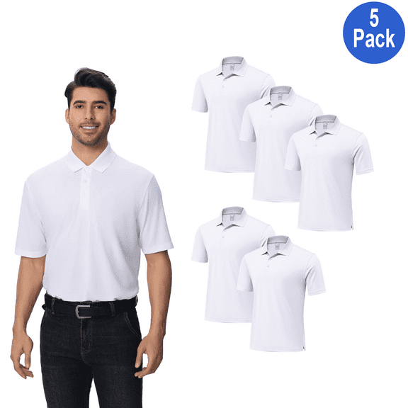 Zfeel Men's Pure Dry Fit Poly Polo, High Performance Short Sleeve Blank White Shirt, 5 Pack, S-4XL