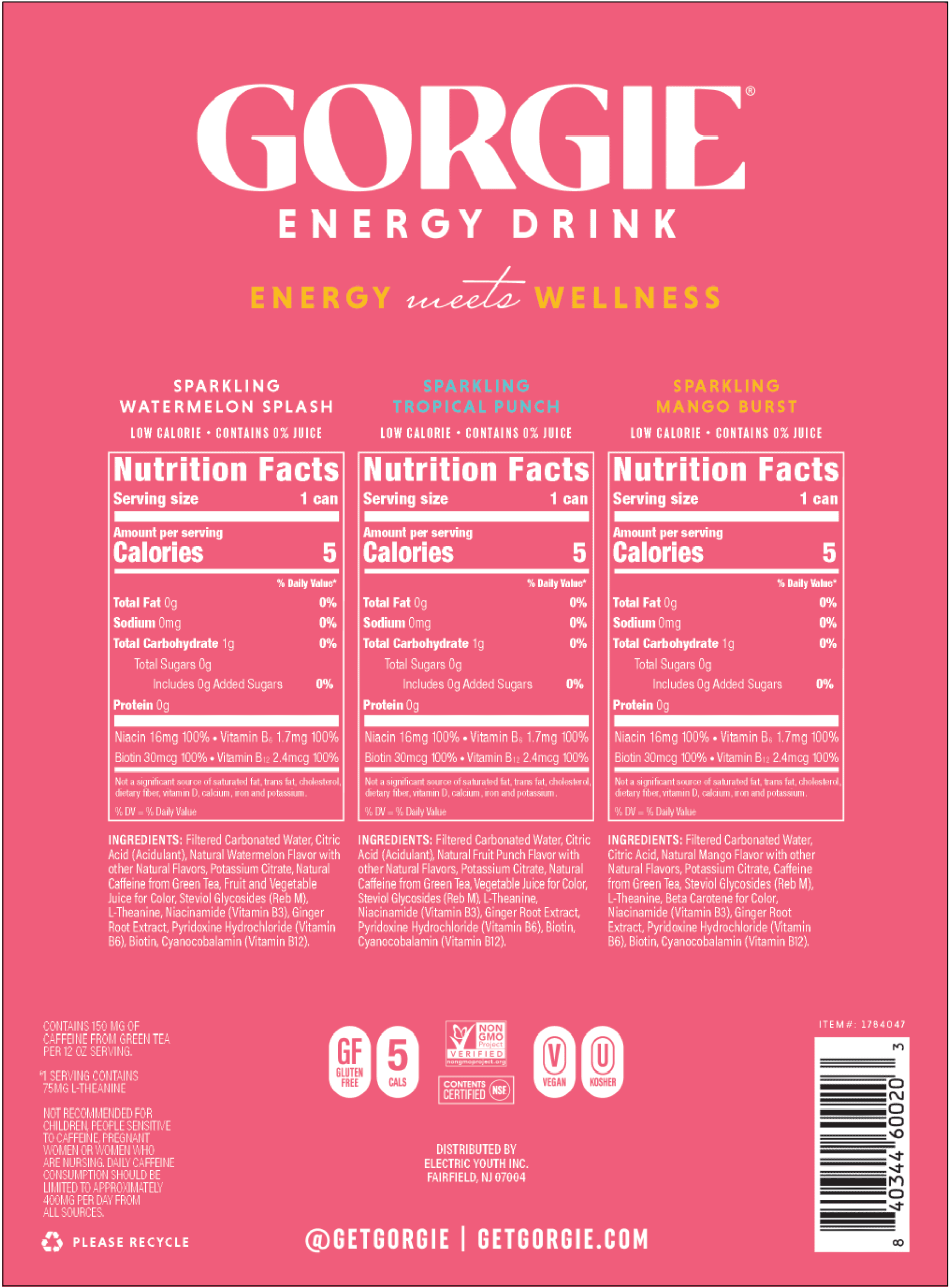 GORGIE Sparkling Energy Drink Variety Pack, 0 Sugar, Natural Caffeine from Green Tea, 12 fl oz (Pack of 12)
