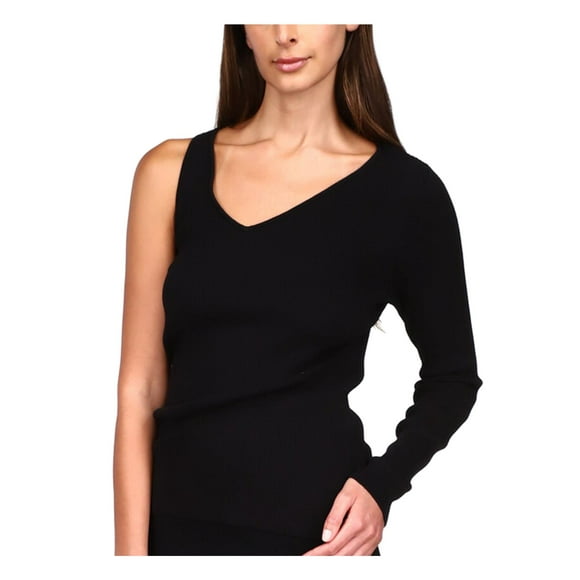 MICHAEL MICHAEL KORS Womens Black Stretch Ribbed One Sleeve Long Sleeve V Neck Party Top M