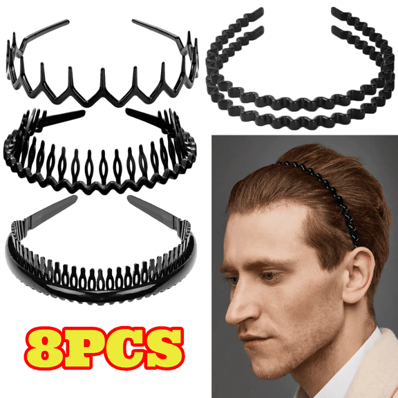 8pcs Non Slip Headbands with Teeth Comb, Black Skinny Headbands, Fashion Hair Accessories for Women Men