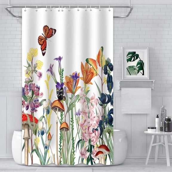 Stall Shower Curtain, Half Shower Curtain, Floral Shower Curtain, Wildflower Butterfly Small Shower Curtain Set Waterproof Bath Tub Curtain Plant Bathroom Decor with 12 Hooks, 36x72 inches
