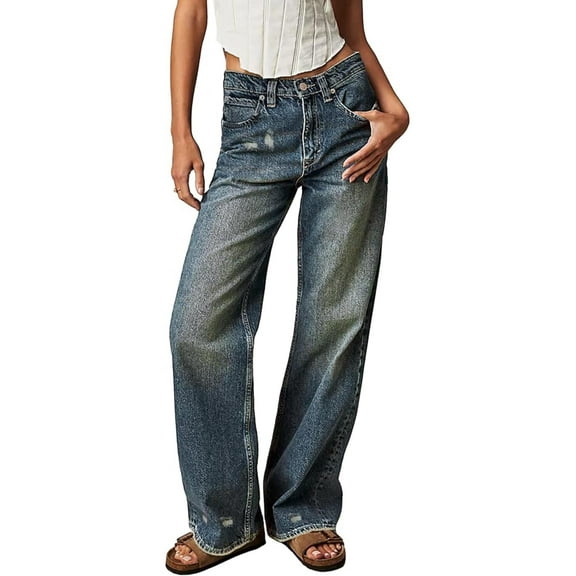 EMMIOL Women's Wide Leg Jeans Low Rise Baggy Boyfriend Jeans Straight Leg Casual Loose Fit Denim Pants