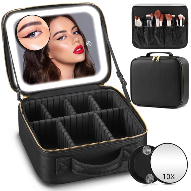 Jadazror Bolsa de maquillaje de viaje iluminada - 3 colores, espejo, organizador de 2 capas con espejo de aumento 10X - Estuche de cosméticos portátil con divisores ajustables (negro)