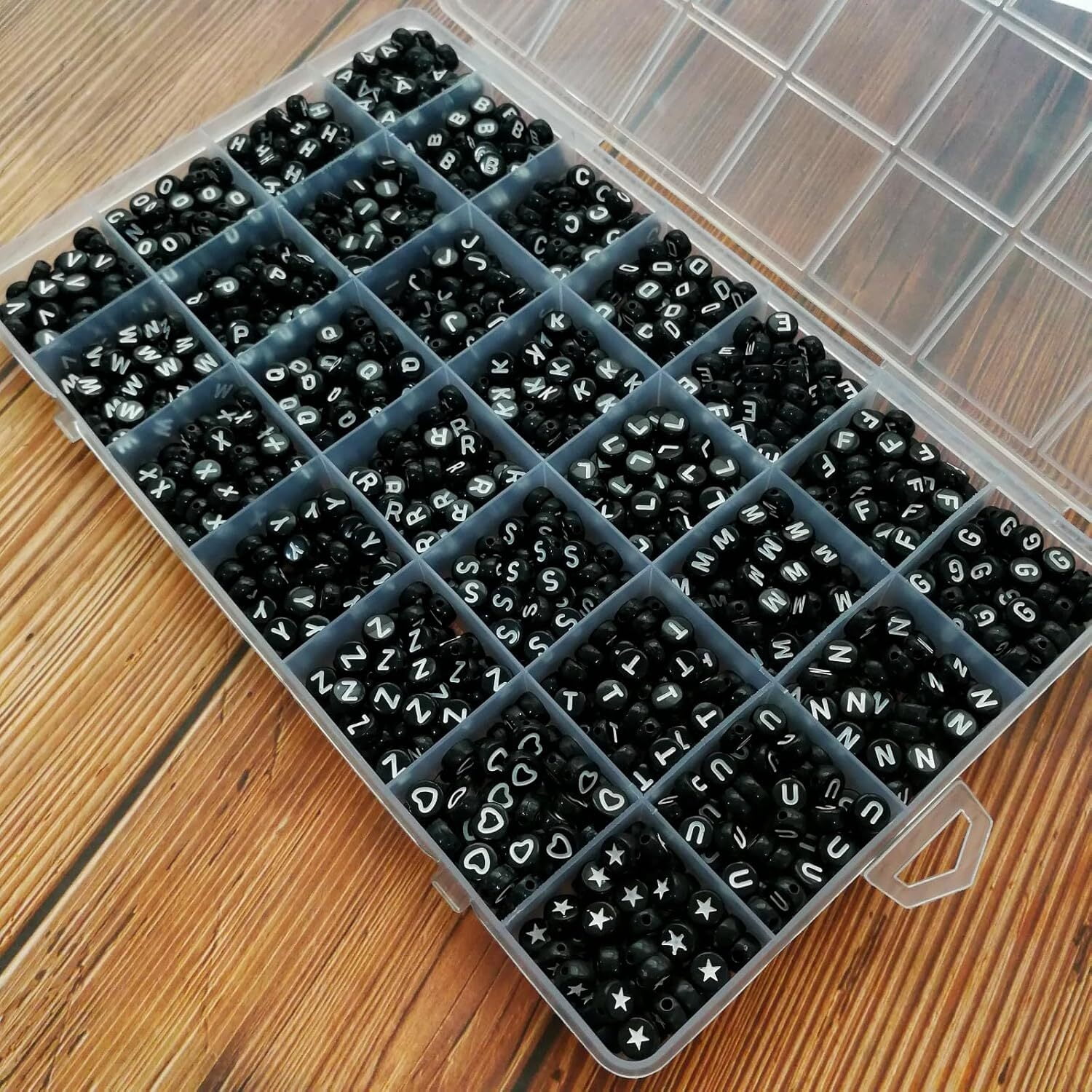 1400 Pieces Round Alphabet Letter Beads A-Z 4x7mm Black Acrylic with Colorful Letter and Crystal Line for Jewelry Making, Style 2