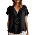 thumbnail image 3 of Craaazy Women Plus Size Tops Loose Fit Solid Color V Neck Ruffle Placket Short Sleeve Cotton T Shirts for Daily Wear Gift, 3 of 9