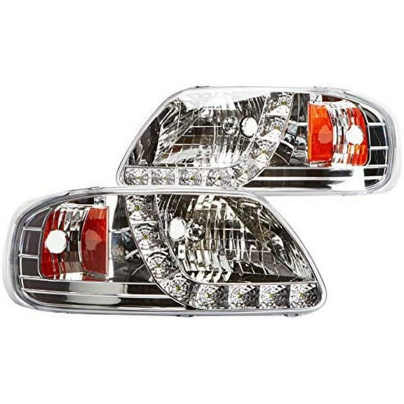 DRL LED Light Strip Headlight Head Lamp Replacement in Chrome Housing Clear Lens Made For And Compatible With 1997 - 2003 Ford F150 F-150 Expedtion 97 98 99 00 01 02 03