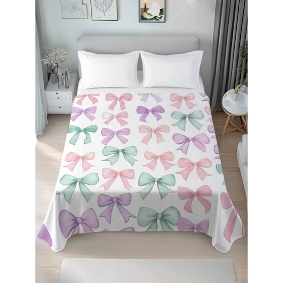 Pink Purple Teal California King Size Flat Sheet, Wrinkleproof & Fadeproof Cooling Flat Bed Sheet Only, Watercolor Bow Farmhouse Breathable Soft Bedding Top Sheets 108 x 98 Inches