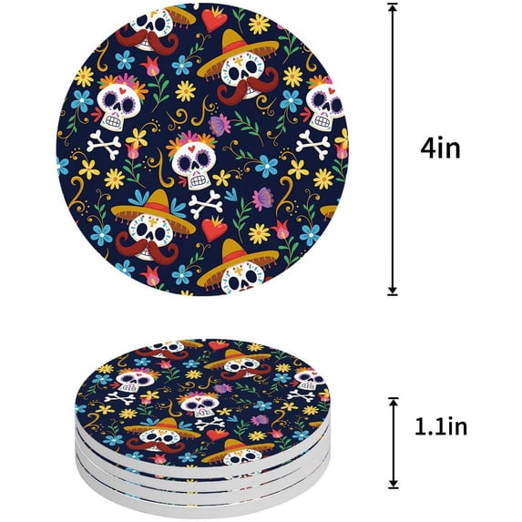 FMSHPON Halloween Flowers Skeleton Set of 8 Round Coaster for Drinks, Absorbent Ceramic Stone Coasters Cup Mat with Cork Base for Home Kitchen Room Coffee Table Bar Decor