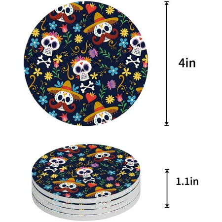 

FMSHPON Halloween Flowers Skeleton Set of 4 Round Coaster for Drinks Absorbent Ceramic Stone Coasters Cup Mat with Cork Base for Home Kitchen Room Coffee Table Bar Decor