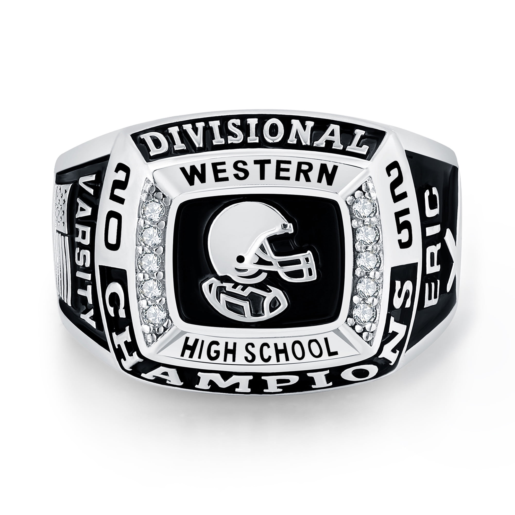 Mementos USA Custom Men's Class Rings Sterling Silver for High School and College-Platinum-Champion